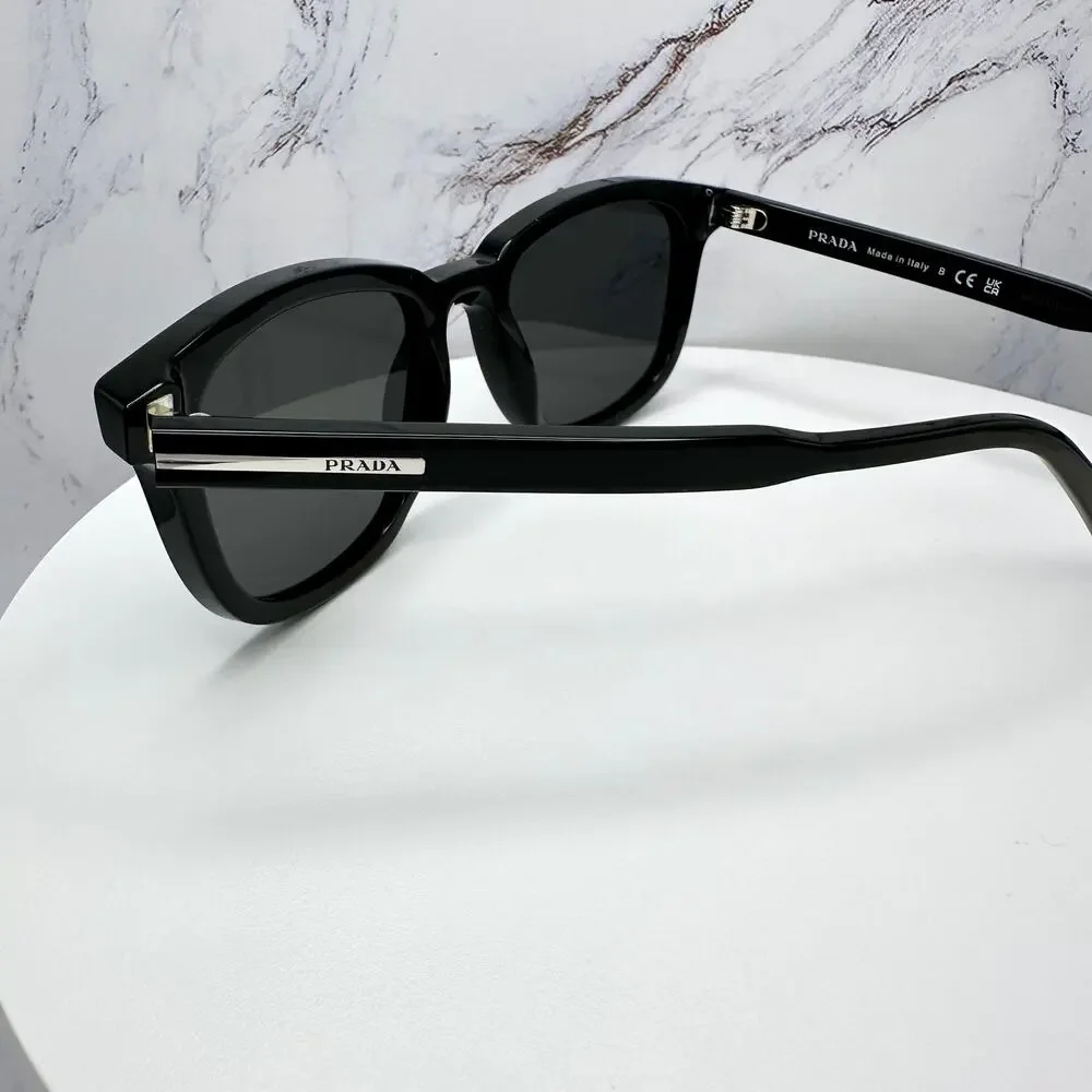 New PRADA Sunglasses Black Acetate Square Silver Metal Logo 53mm Gray Lens